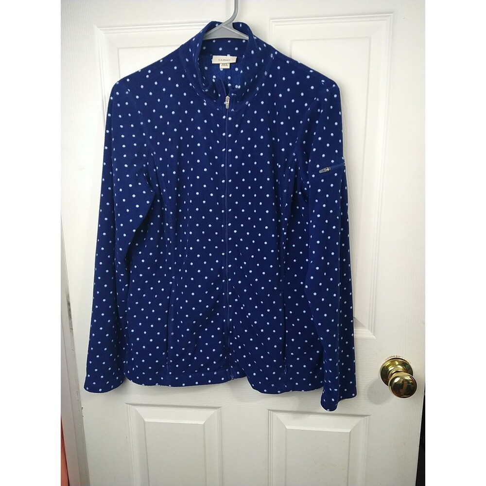L.L. Bean Woman S Fleece Jacket Blue White Polka Dot Full Zip Arm Zip Pocket...